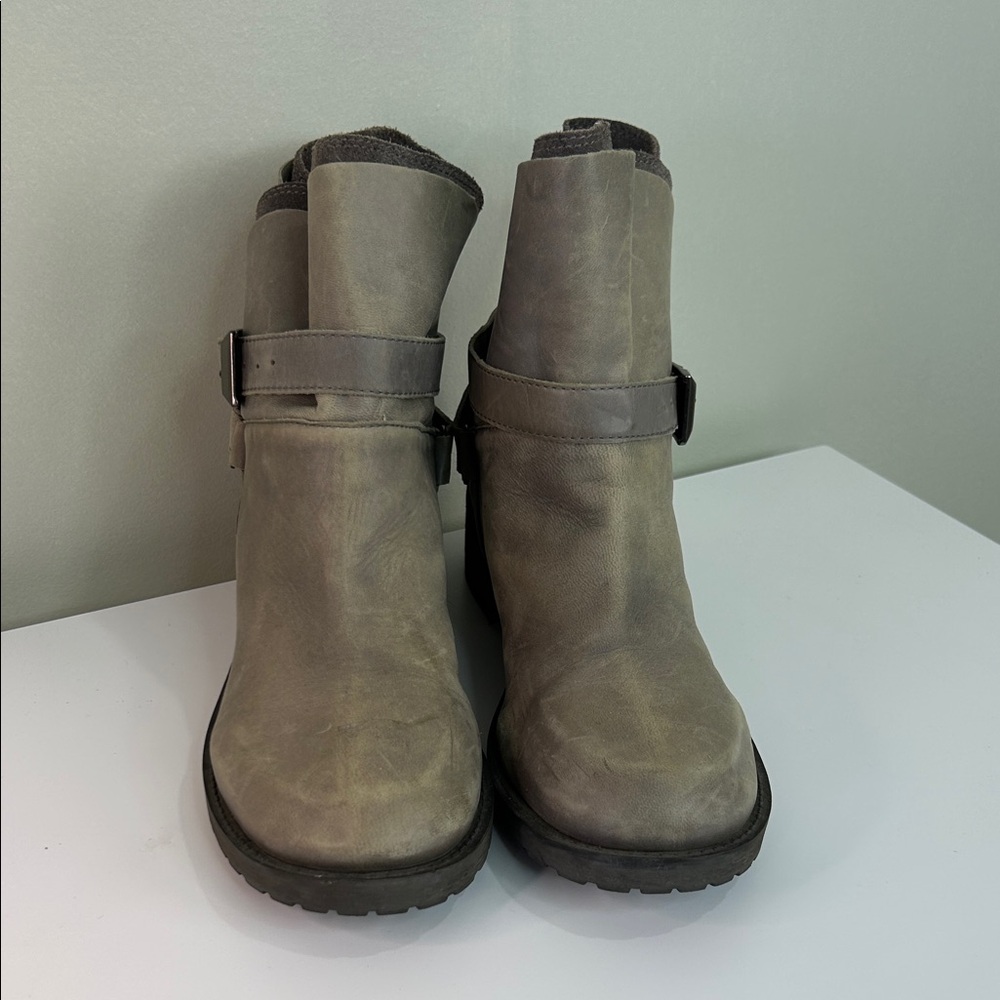 RACHEL Rachel Roy Taupe Leather Moto Ankle Boots Women’s 8.5M Low Heel